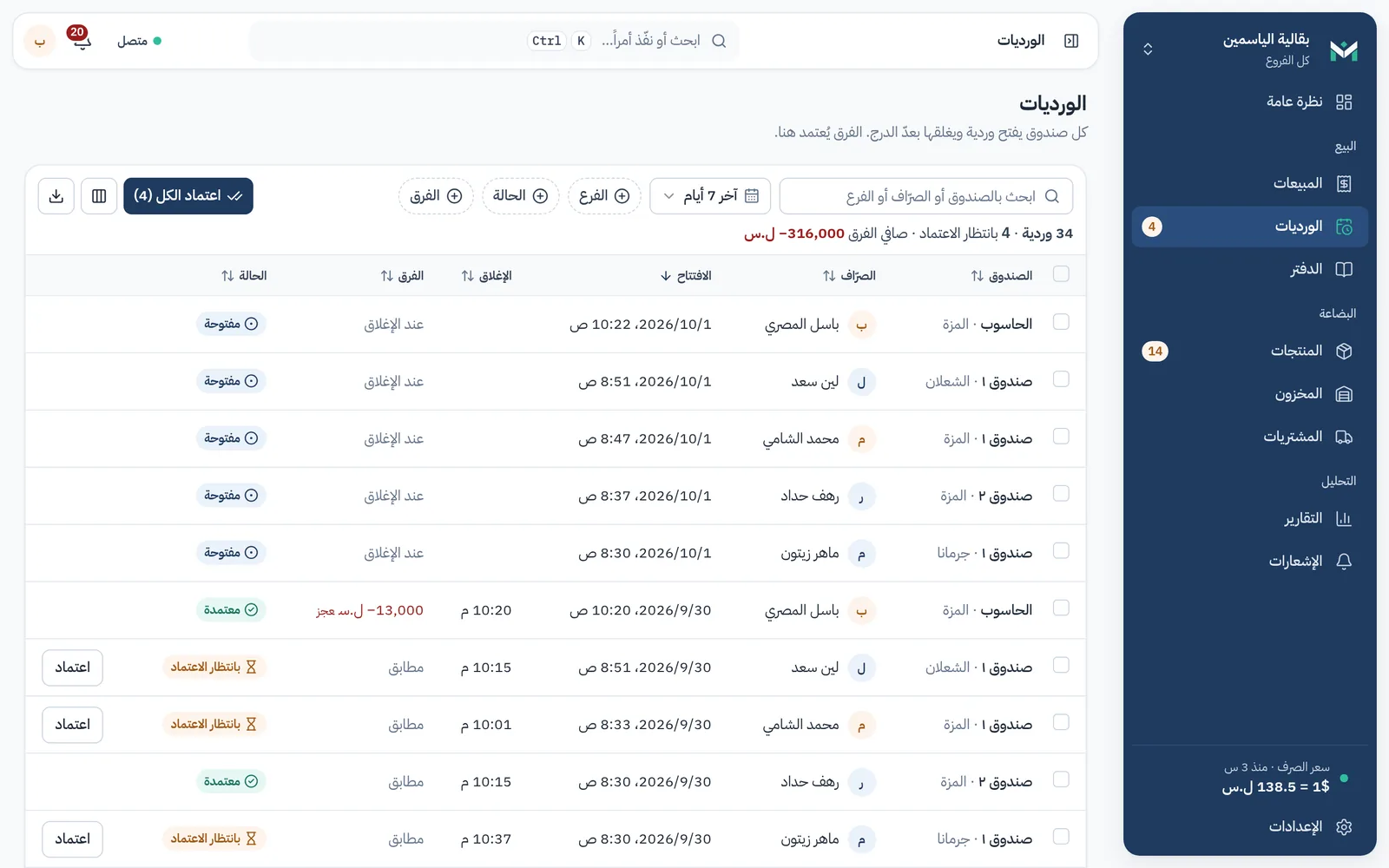 صفحة الورديات في لوحة تحكم ميزان: كل وردية بصندوقها وكاشيرها وفرق درجها، وزر اعتمادها.